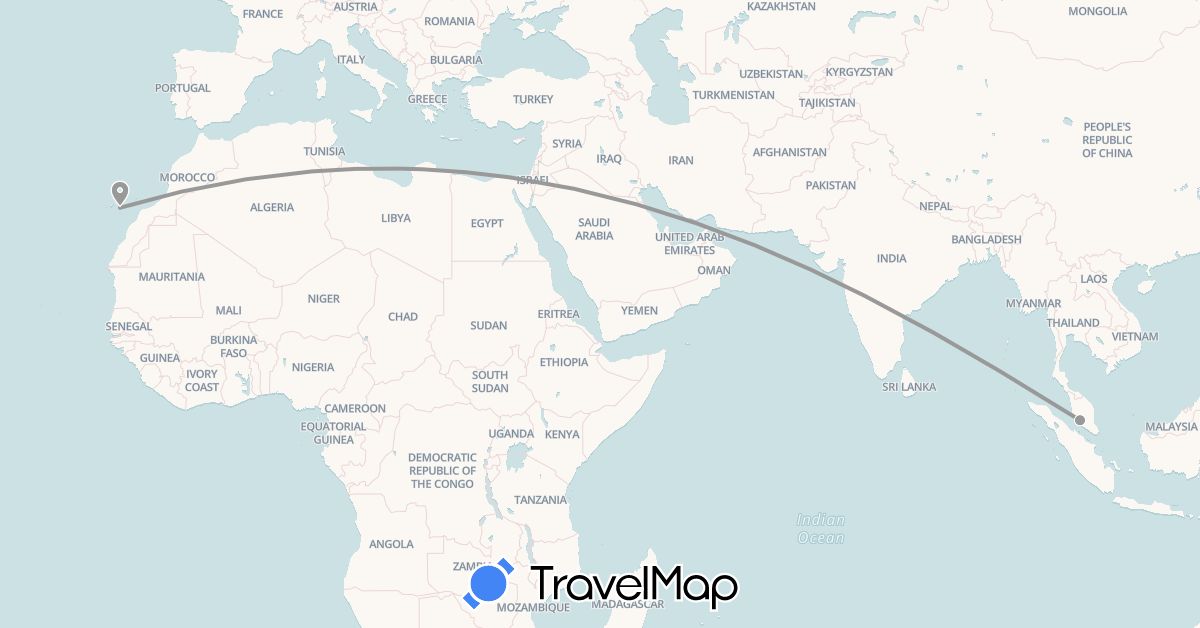TravelMap itinerary: driving, plane in Spain, Malaysia (Asia, Europe)